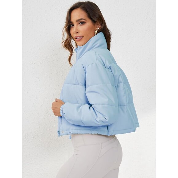 Women's Cropped Puffer Jacket Long Sleeve Puffy Coat Stand Collar Zip UP Blue - Picture 5 of 6